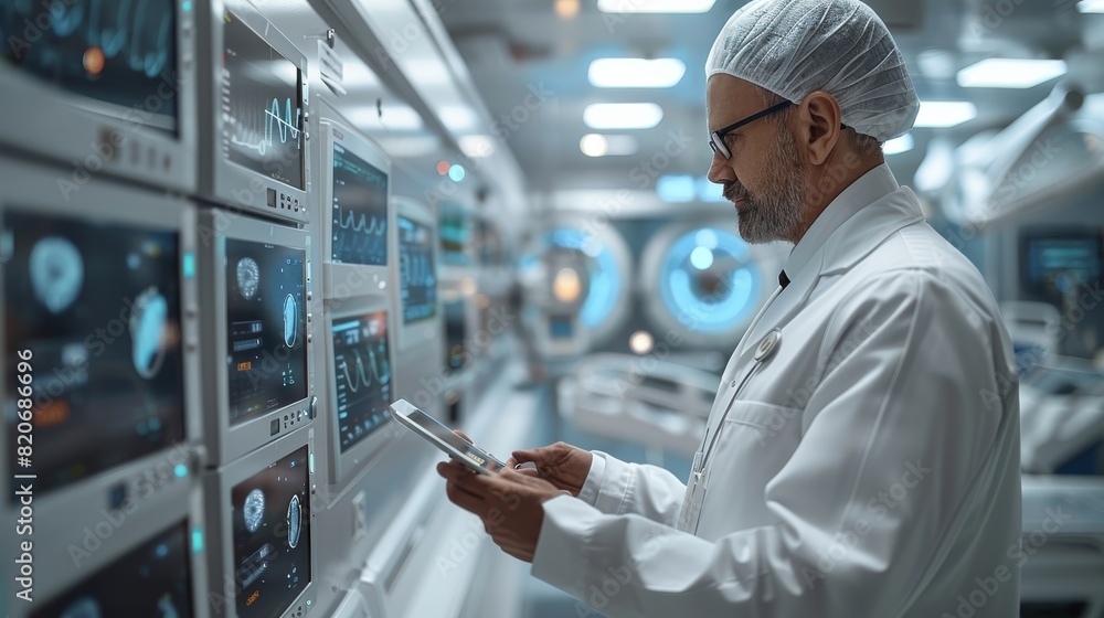 Leinwandbilder A modern hospital setting showcasing the integration of advanced AI technology. doctor using a tablet with a holographic display showing patient data. The environment high-tech. Generative AI.