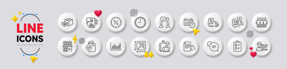 Binary code, Success business and Calendar line icons. White buttons 3d icons. Pack of Packing boxes, Hold document, Discount icon. Vector