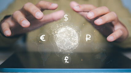 Businessman with icon global and currency exchange and forex.