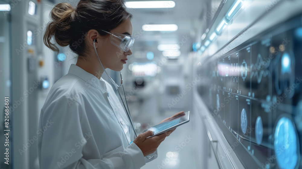 Poster A modern hospital setting showcasing the integration of advanced AI technology. doctor using a tablet with a holographic display showing patient data. The environment high-tech. Generative AI.