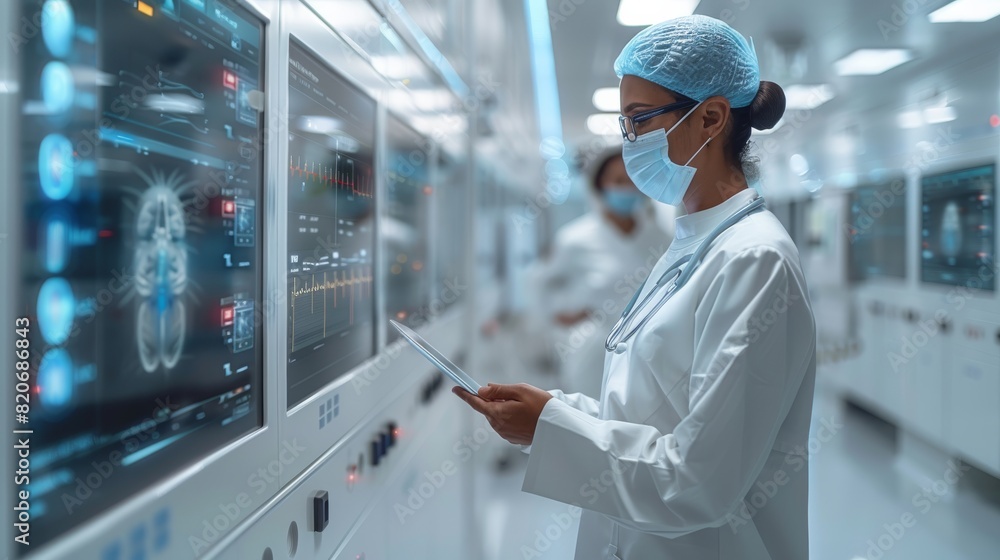 Aufkleber A modern hospital setting showcasing the integration of advanced AI technology. doctor using a tablet with a holographic display showing patient data. The environment high-tech. Generative AI.