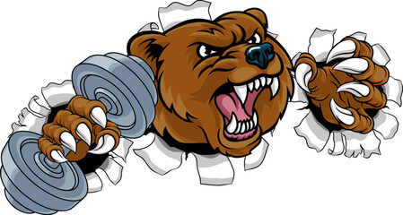 A bear grizzly weight lifting gym animal sports mascot holding a dumbbell in its claw