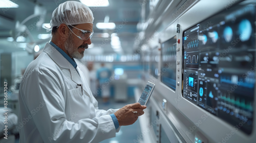 Poster A modern hospital setting showcasing the integration of advanced AI technology. doctor using a tablet with a holographic display showing patient data. The environment high-tech. Generative AI.