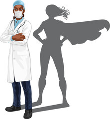 A super hero black woman female doctor medical healthcare health professional in mask and PPE pointing. Revealed to be a superhero by her shadow.