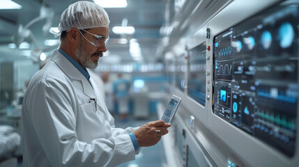 A modern hospital setting showcasing the integration of advanced AI technology. doctor using a tablet with a holographic display showing patient data. The environment high-tech. Generative AI.
