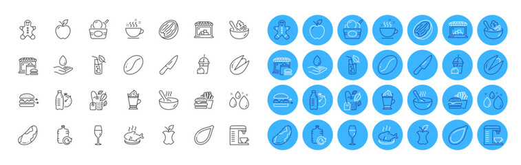 Fototapeta premium Coffee beans, Apple and Water glass line icons pack. Coffee machine, Water care, Mint bag web icon. Ice cream, Food market, Pumpkin seed pictogram. Brazil nut, Salad, Organic waste. Vector