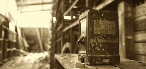 Vintage scotch tape dispenser, old warehouse, sepia tones, photograph, nostalgic