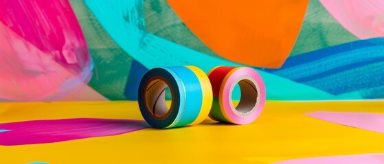 Using scotch tape in packaging, retro vibes, bright and colorful, pop art, bold lines
