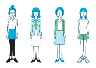 いろいろな髪型と服装の女性の全身イラスト