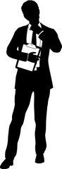 Silhouette business person man in a smart suit and tie holding a clipboard.