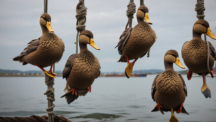 Five dead ducks hang from a rope by their feet.

