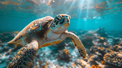 Fototapeta premium green turtle swimming in blue ocean,great barrier reef. 