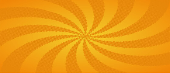 Yellow comic background. Art pop cartoon backdrop. Spira halftone effect pattern. Fun anime texture. Starburst manga style. Mark popart radial gradient. Spiral, swirl, comic rays. Vector illustration