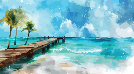 Watercolor seascape old dock turquoise waves palms background