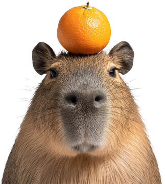 Cute capybara capybara  with orange fruits. Funny animal 