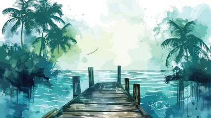 Watercolor seascape old dock turquoise waves palms background