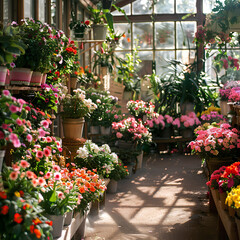 Flower shop in daylight with many fresh flowers. Cozy studio with windows and lots of plants