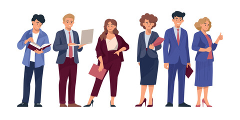 People at work. Business people. Men and women in business suits. Set of images of people for business design. Solving work issues. office life. Vector image.
