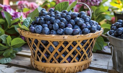 Blueberries Freshly Displayed in Basket , Generative AI