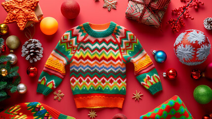 Colorful National Ugly Christmas Sweater Surrounded by Decorations