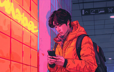 Teenager engrossed in smartphone at train station