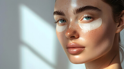 Close up portrait of Young woman with  hydrogel eye patches against a light backdrop.