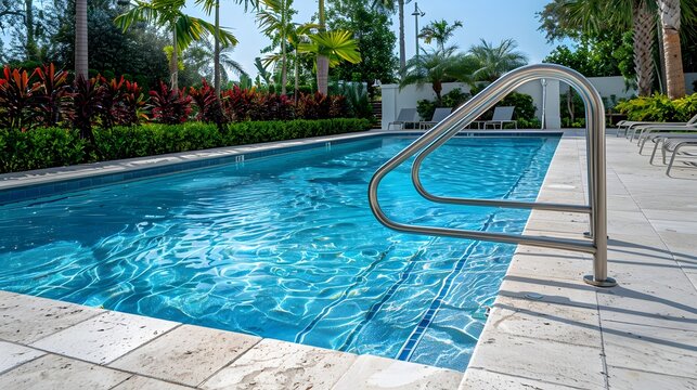 outdoor swimming pool with clear blue water. A metal ladder with two handrails is prominently displayed on the right side of the pool, leading into the water