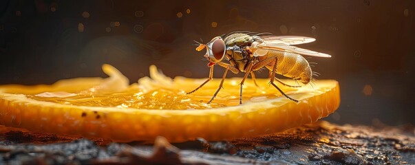 a fruit fly on a slice of orange