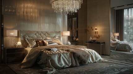 A bedroom with a chic, glass chandelier, a luxurious bedspread, and a contemporary bedside table