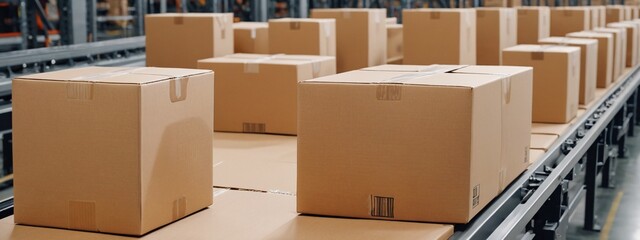 Closeup of cardboard box packages, moving along a conveyor belt in a warehouse fulfillment facility, e-commerce, delivery, automation, and products.