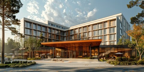 Modern Hotel Building Exterior with Greenery