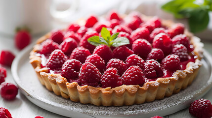 a pie with raspberries on it sits on a table.