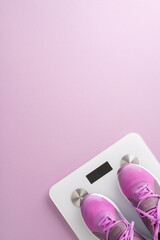 Top vertical view of female feet in pink sneakers standing on a digital scale, symbolizing weight loss, fitness, and a healthy lifestyle