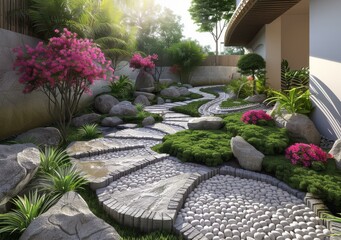Serene Japanese Zen Garden with Stone Path and Pink Flowers