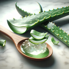 Fresh Aloe Vera Gel on Wooden Spoon with Leaf on Marble Surface 