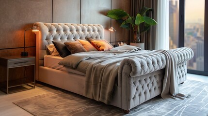 A bedroom with a chic, tufted bed frame, a modern nightstand, and a luxurious, cashmere throw...