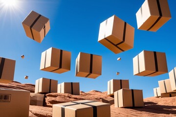 Closed and sealed cardboard boxes flying isolated on a desert background. Background image with floating boxes. Concept of delivery of goods and discounts.