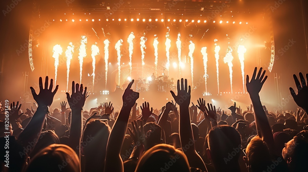 Poster a concert scene captured from behind the audience with enthusiastic fans raising their hands in the 
