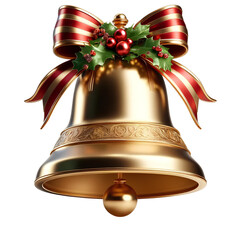 Golden Christmas Bell with Festive Ribbon and Holly - 3D Holiday Decoration