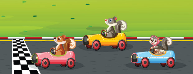 Three squirrels racing in colorful toy cars