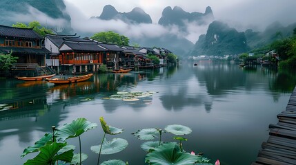 Misty Morning in Traditional Chinese Water Village - ai generative