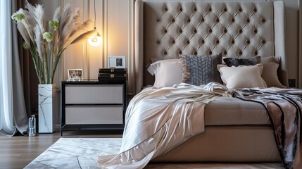A bedroom with a chic, tufted headboard, a modern nightstand, and a luxurious, silk throw blanket