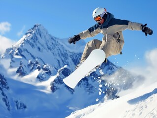 Snowboarder performing a jump against a backdrop of snow-covered mountains and clear blue sky.