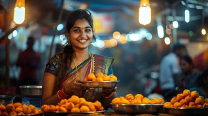 Smiling Vendor with Traditional Sweets at Vibrant Night Market - ai generative