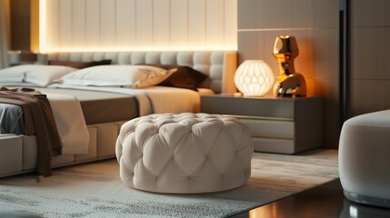 A bedroom with a chic, tufted ottoman, a sleek headboard, and a modern, sculptural table lamp