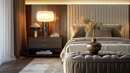 A bedroom with a chic, tufted ottoman, a sleek headboard, and a modern, sculptural table lamp