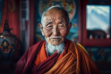 Naklejka premium Portrait of Elderly Monk in Traditional Robes - ai generative