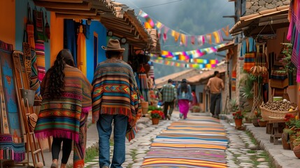 People Strolling in Colorful Traditional Market Street - ai generative