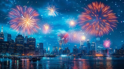 A vibrant display of fireworks lighting up the night sky over a bustling cityscape with illuminated skyscrapers and reflections on the water.