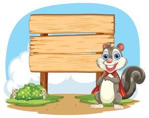 Cartoon squirrel standing by a wooden signboard
